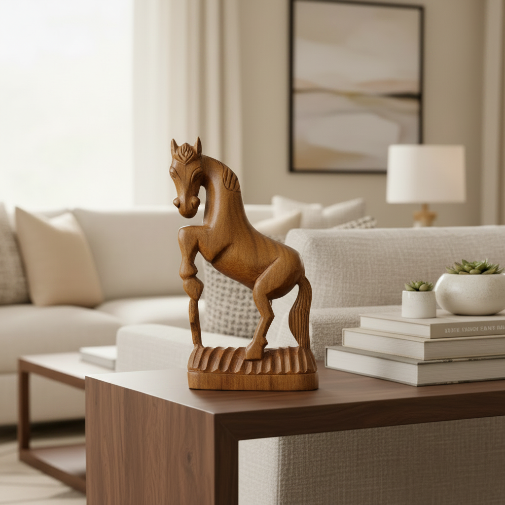 Handcrafted Wooden Racing Horse Statue | Animal Showpiece For Table Decor