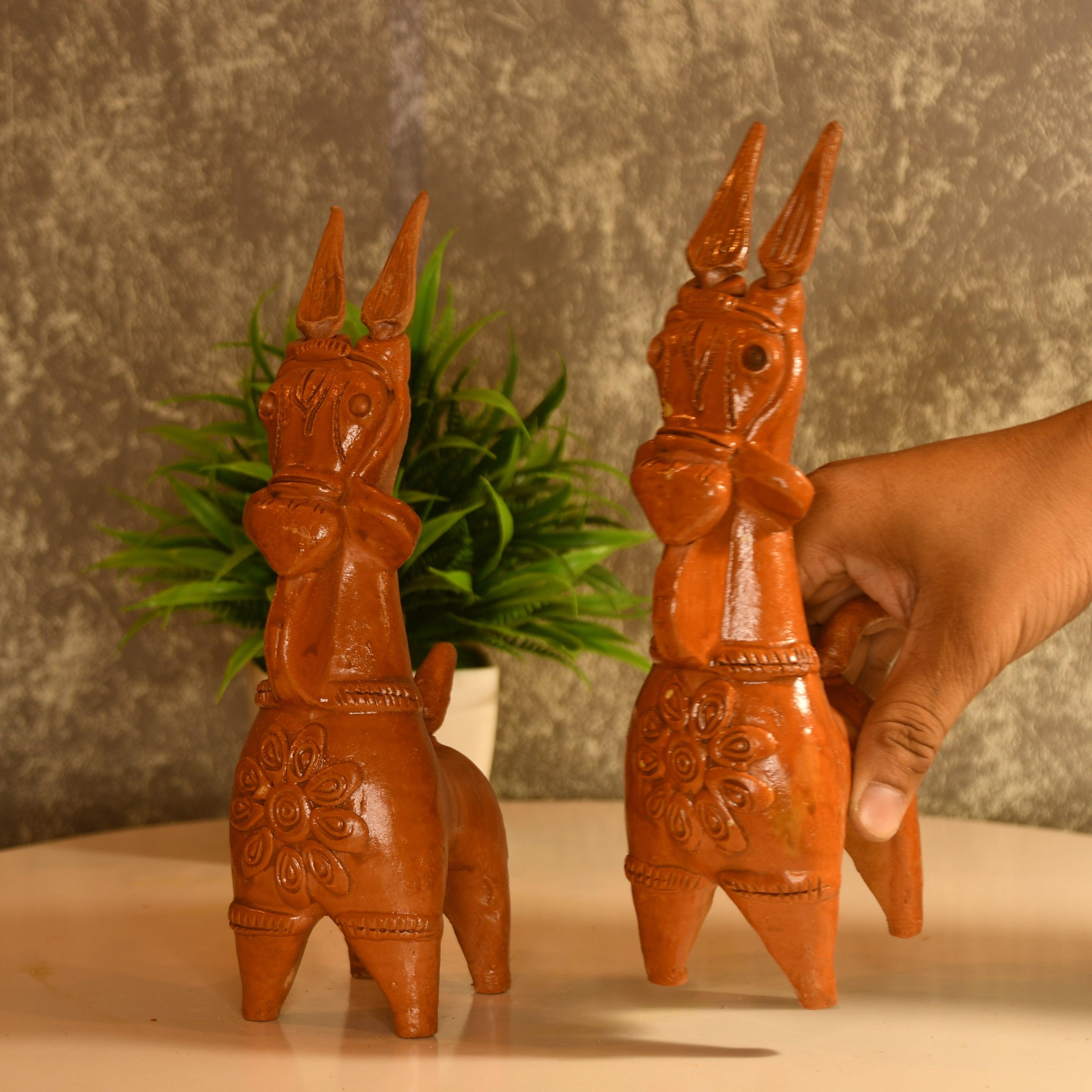 Buy Showpieces & Collectibles - Terracotta Kathakali Horse Showpiece Set Of 2 | Vintage Animal Statues For Decor by Sowpeace on IKIRU online store