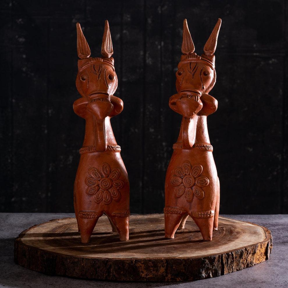 Buy Showpieces & Collectibles - Terracotta Kathakali Horse Showpiece Set Of 2 | Vintage Animal Statues For Decor by Sowpeace on IKIRU online store