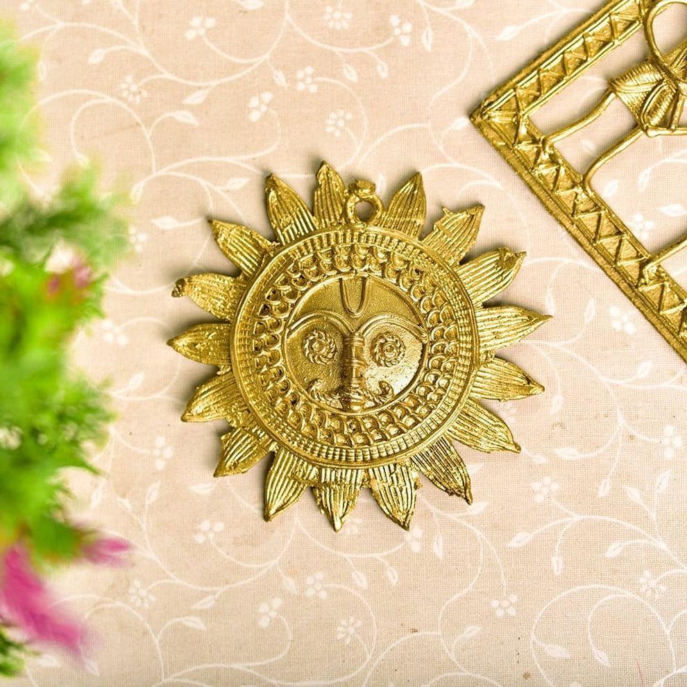 Buy Showpieces & Collectibles - Unique Golden Surya Mukh Wall Art Brass Finish | Dokra Design Hanging Sunplate by Sowpeace on IKIRU online store