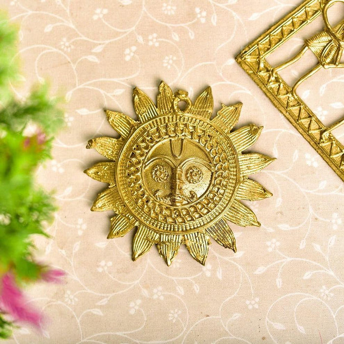 Buy Showpieces & Collectibles - Unique Golden Surya Mukh Wall Art Brass Finish | Dokra Design Hanging Sunplate by Sowpeace on IKIRU online store