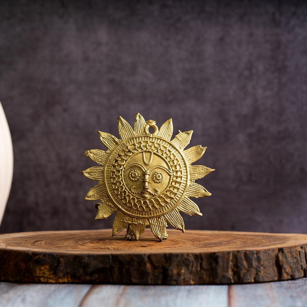 Buy Showpieces & Collectibles - Unique Golden Surya Mukh Wall Art Brass Finish | Dokra Design Hanging Sunplate by Sowpeace on IKIRU online store