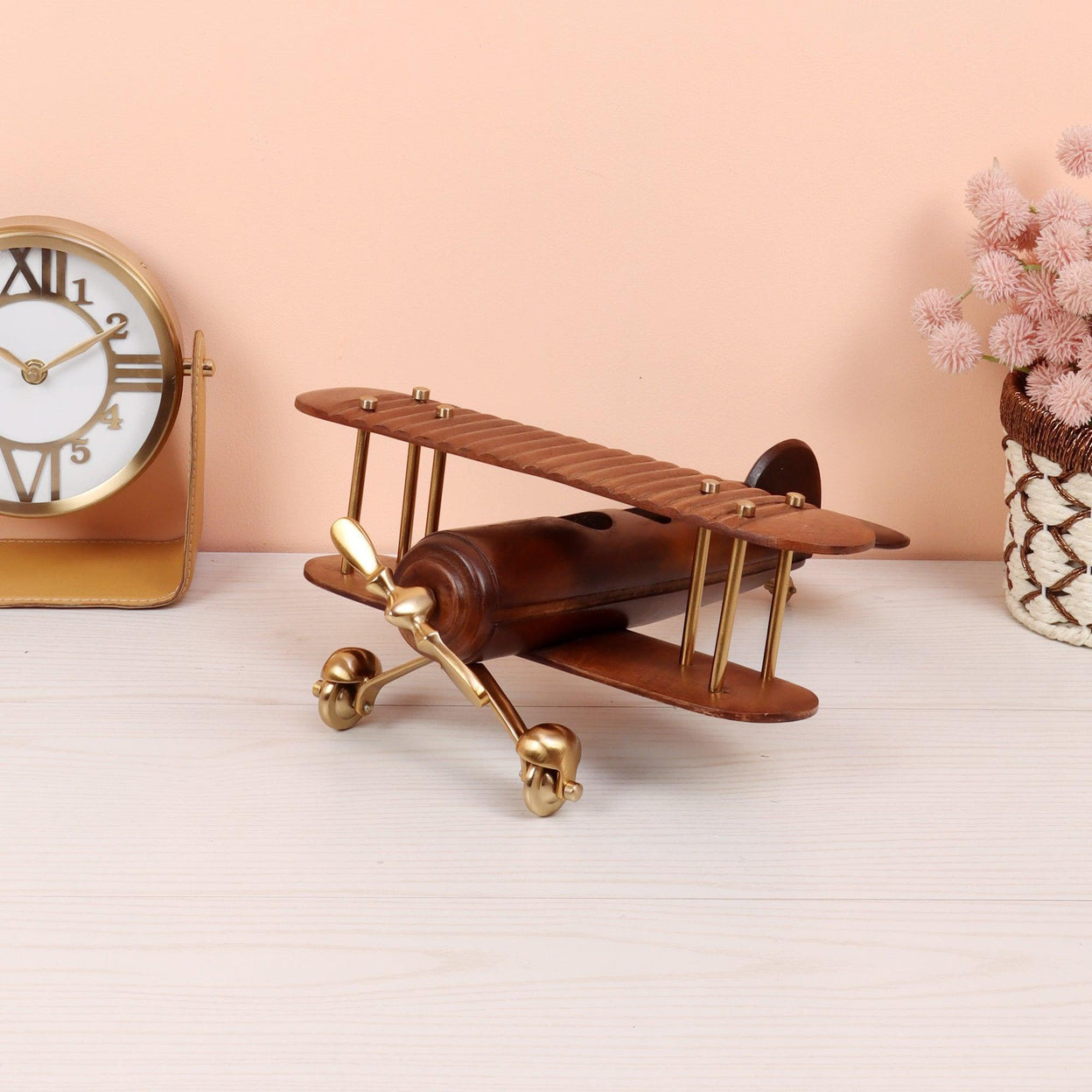 Golden Vintage Airplane Sheesham Wood Table Accent | Handcrafted Decor Airplane