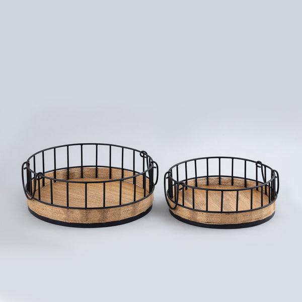 Buy Storage Tray & Basket - Natural Black Iron & Wooden Round Basket Trays For Storage Set of 2 by Indecrafts on IKIRU online store