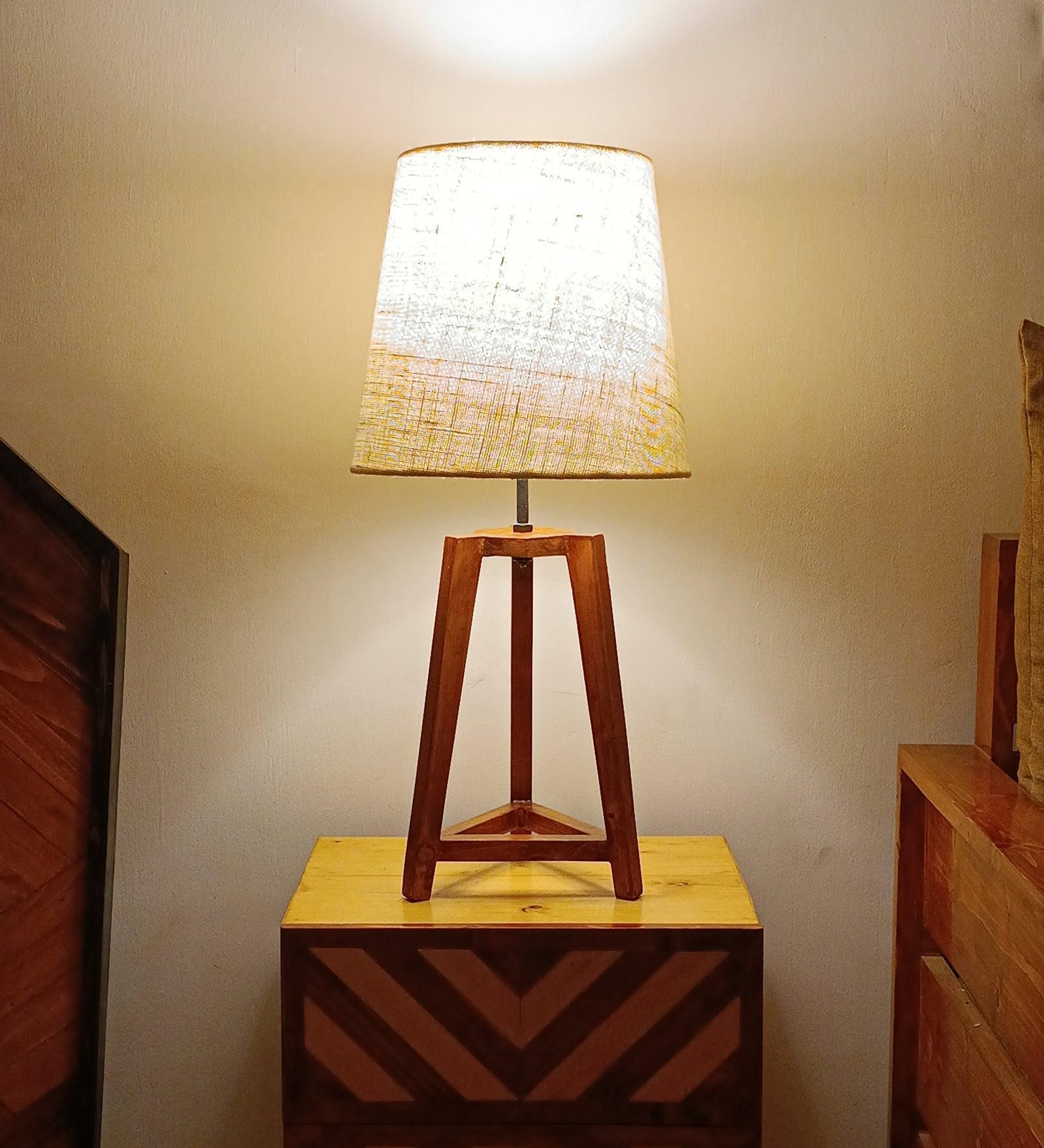 Buy Table lamp - Adrienne Brown Wooden Table Lamp with White Jute Lampshade by Symplify on IKIRU online store