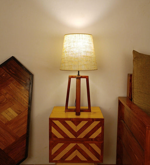 Buy Table lamp - Blender Brown Wooden Table Lamp with White Fabric Lampshade by Symplify on IKIRU online store