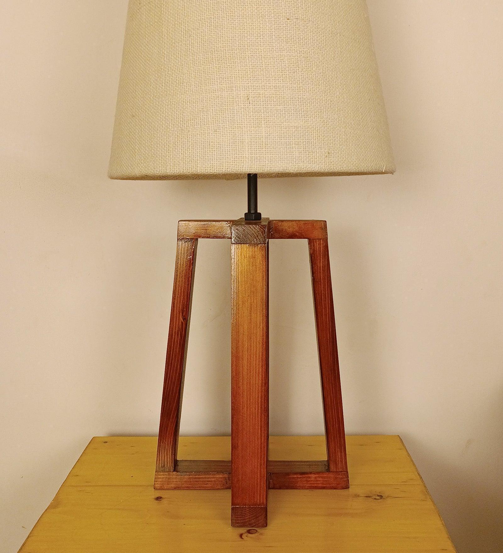 Buy Table lamp - Blender Brown Wooden Table Lamp with White Fabric Lampshade by Symplify on IKIRU online store