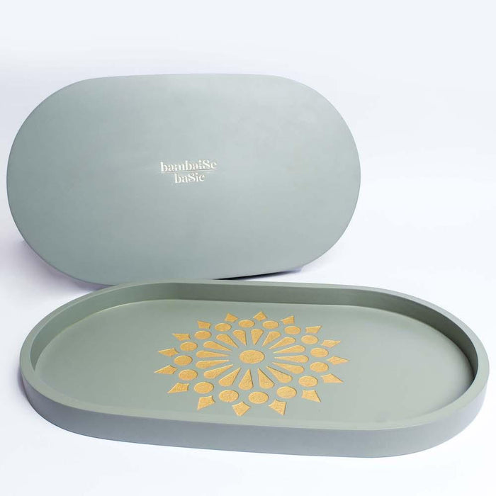 Buy Tray - Engraved Mandala Art Oval Shaped Grey Tray | Serving Plate For Kitchenware by bambaiSe on IKIRU online store