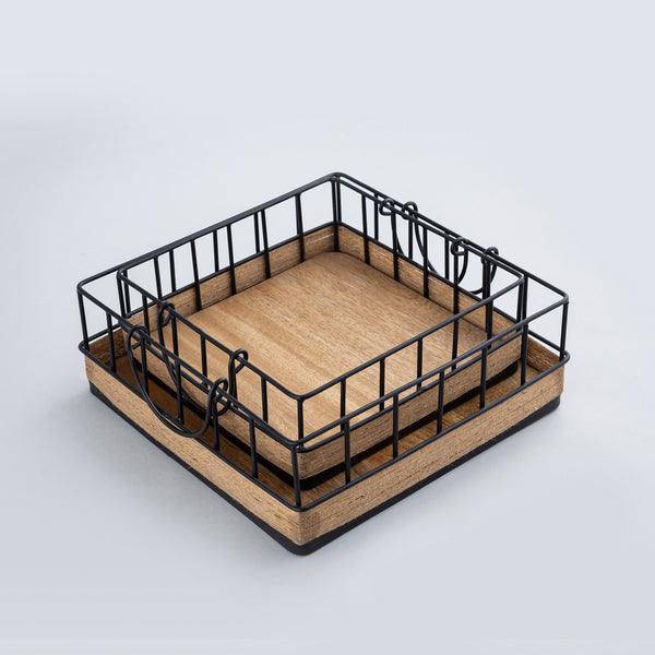 Buy Tray - Natural Black Iron & Wood Square Basket | Trays For Storage & Organizer Set of 2 by Indecrafts on IKIRU online store
