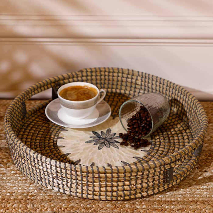Buy Tray - Natural Grey Seagrass Mandala Round Tray Basket with Handles For Home by Home4U on IKIRU online store