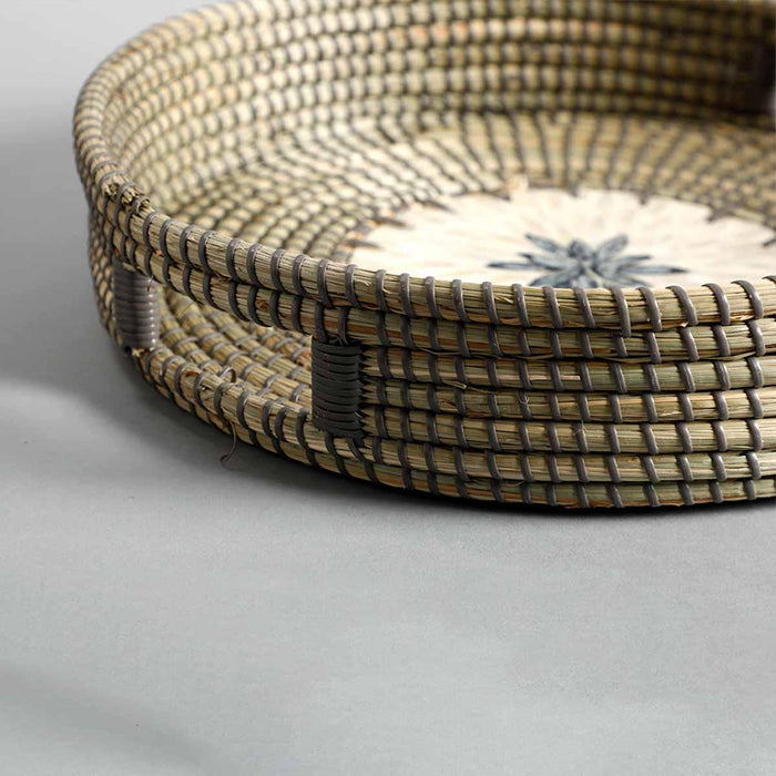 Buy Tray - Natural Grey Seagrass Mandala Round Tray Basket with Handles For Home by Home4U on IKIRU online store