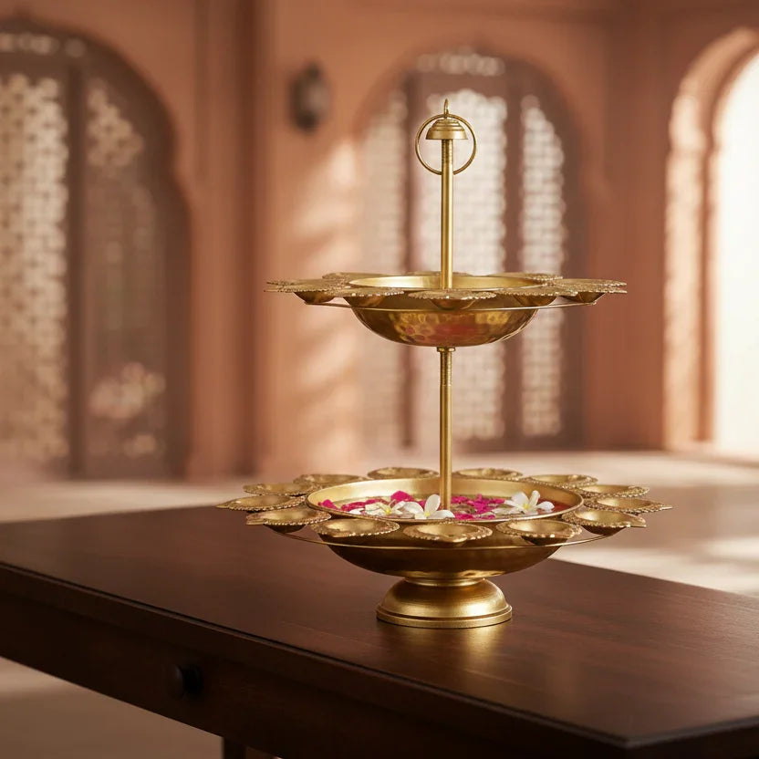 Decorative Gold Two Layer Urli | Pedestal Stand Diya