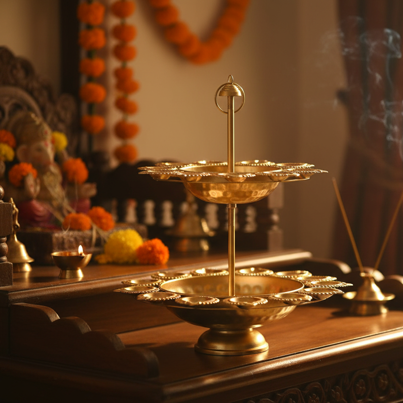 Decorative Gold Two Layer Urli | Pedestal Stand Diya