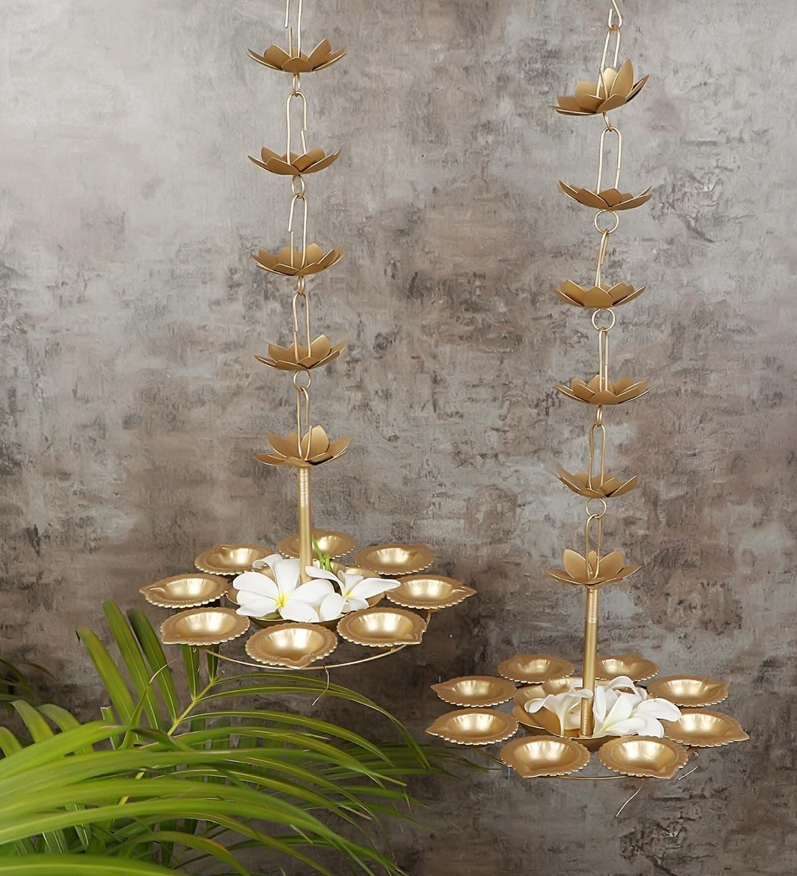 Buy Urli Bowl - Golden Hanging Metallic Diya Urli Set Of 2 For Pooja Room & Decor by Amaya Decors on IKIRU online store