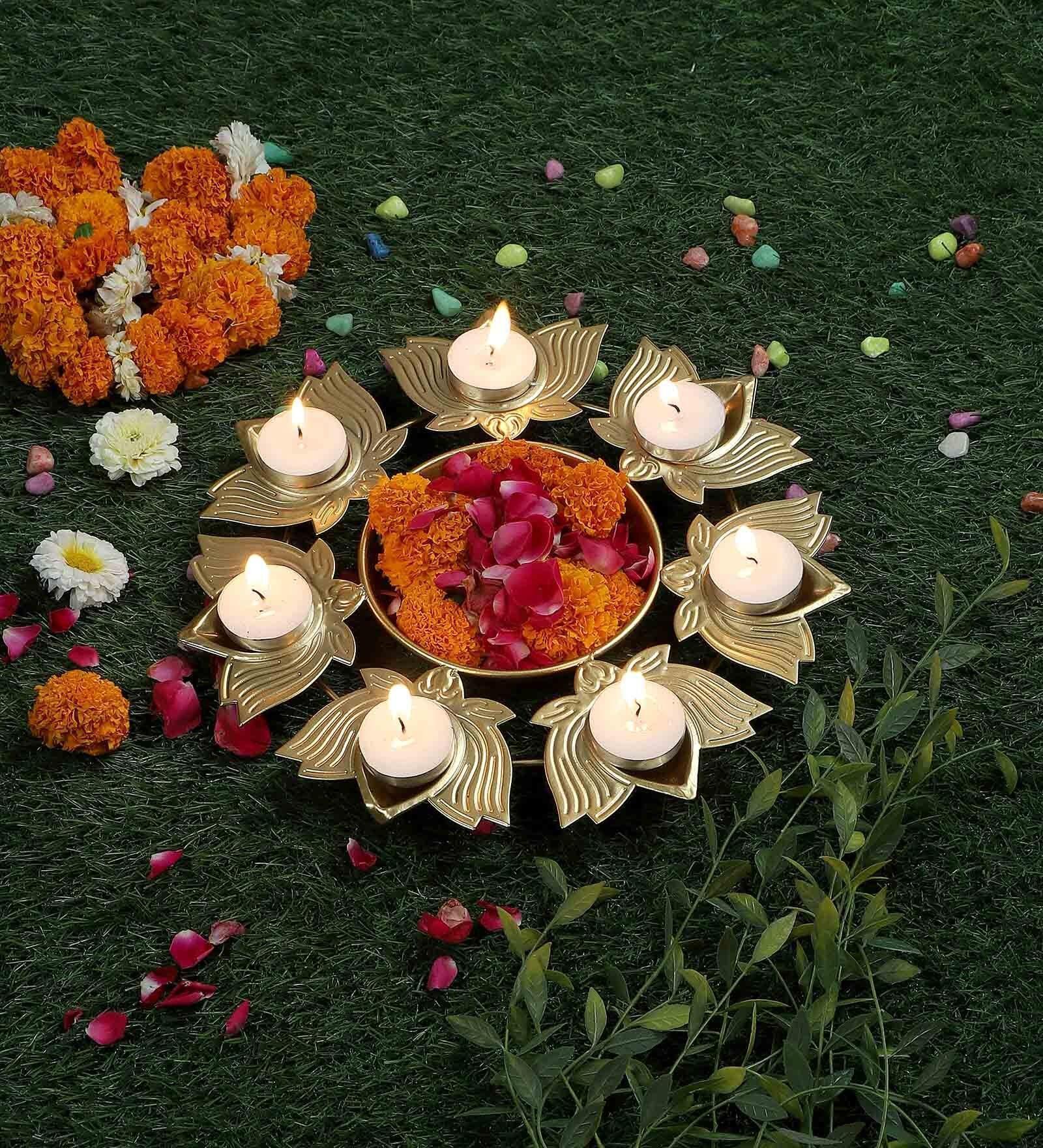 Buy Urli Bowl - Golden Round Lotus Diya Urli & Tealight Holder For Home Decor by Amaya Decors on IKIRU online store