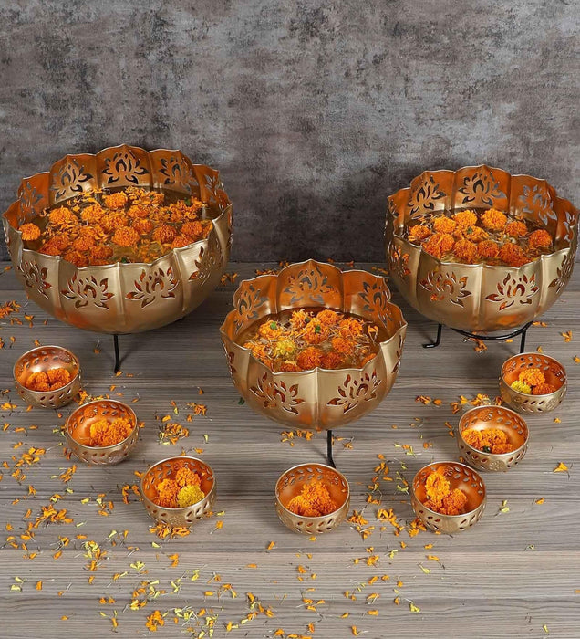 Buy Urli Bowl - Metallic Big Lotus Diya Urli With Stand & Small Bowls Set Of 10 | Tealight Holder by Amaya Decors on IKIRU online store