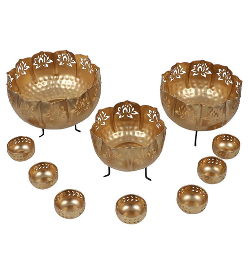 Buy Urli Bowl - Metallic Big Lotus Diya Urli With Stand & Small Bowls Set Of 10 | Tealight Holder by Amaya Decors on IKIRU online store