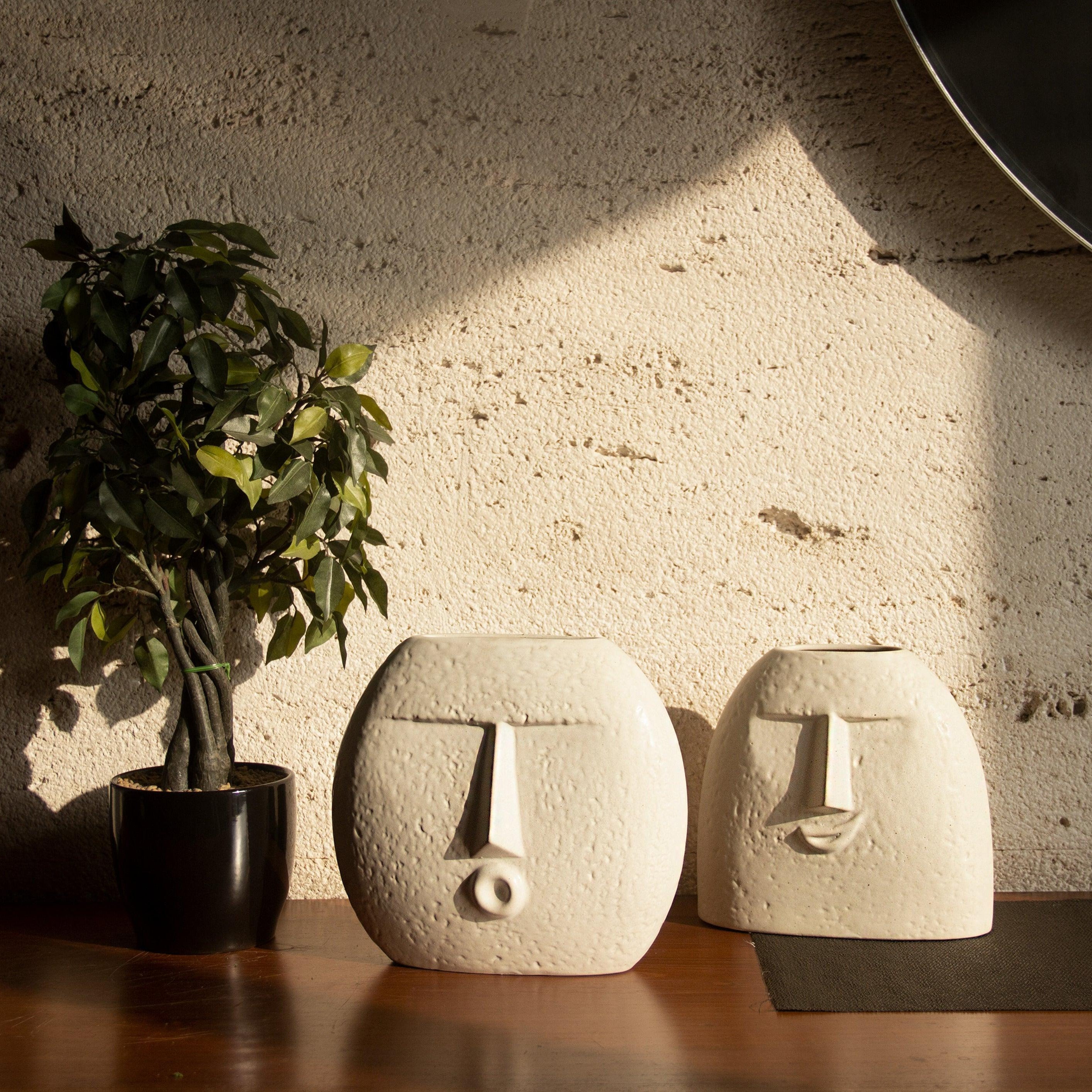 Buy Vase - Ceramic Smirk & Blowing Kiss Face Vases For Home Decor | Off White Decorative Flower Pots Set Of 2 by Ceramic Kitchen on IKIRU online store