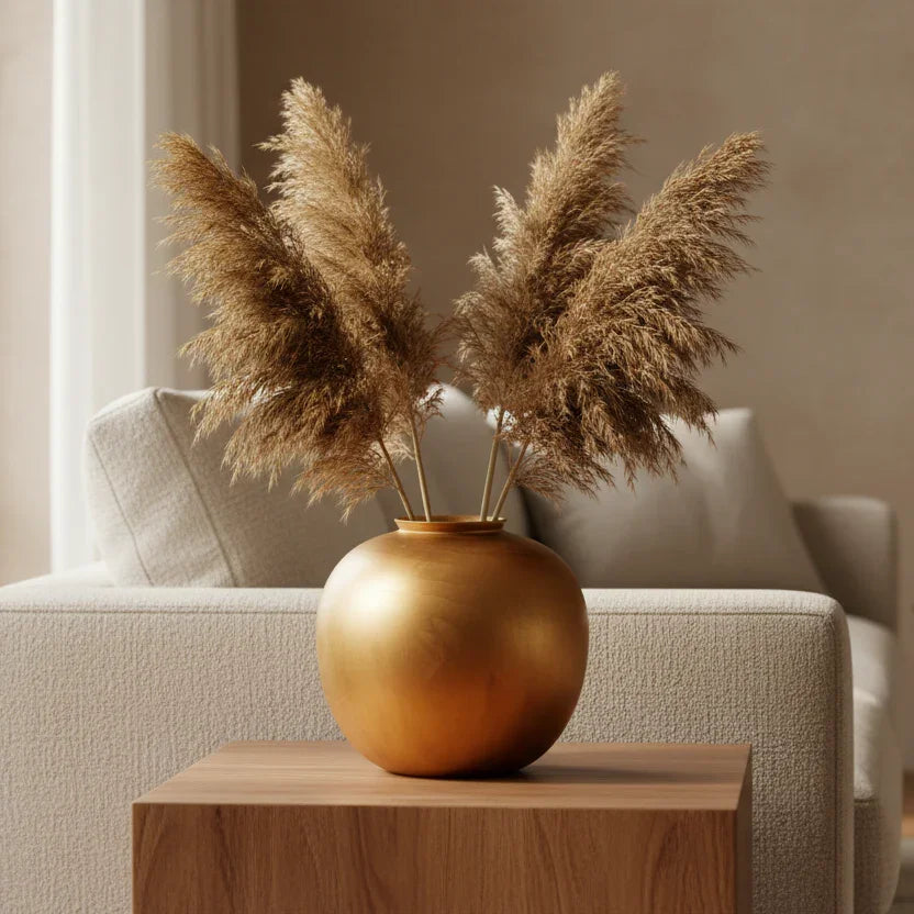 Decorative Bright Golden Vase | Round Flower Pot For Decor