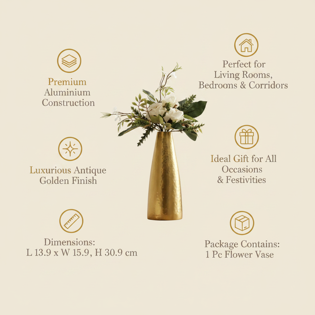 Antique Golden Flower Vase for Living Room | Metal Flower Pot Elegant Home Decor &amp; Gift Accent