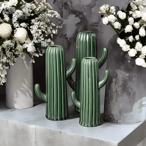 Buy Vase - Green Ceramic Cactus Vase Set of 3 | Flower Pot For Tableware & Indoor Decor by Ceramic Kitchen on IKIRU online store