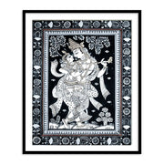 Radha Krishna Dancing Monochrome Patachitra Art | Pata Painting Framed Wall Art
