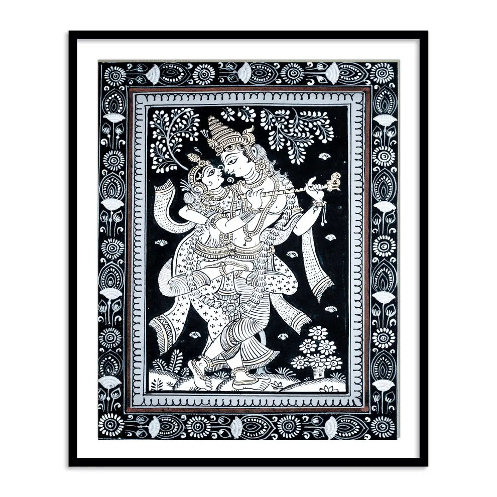 Radha Krishna Dancing Monochrome Patachitra Art | Pata Painting Framed Wall Art