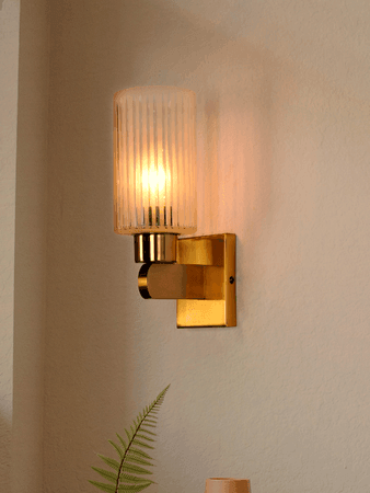 Buy Wall Light - Gold Transitional 10 Inch Hand-Cut Vertical Striped Cylindrical Glass Single-Light Steel Wall Lamp Light by Fos Lighting on IKIRU online store