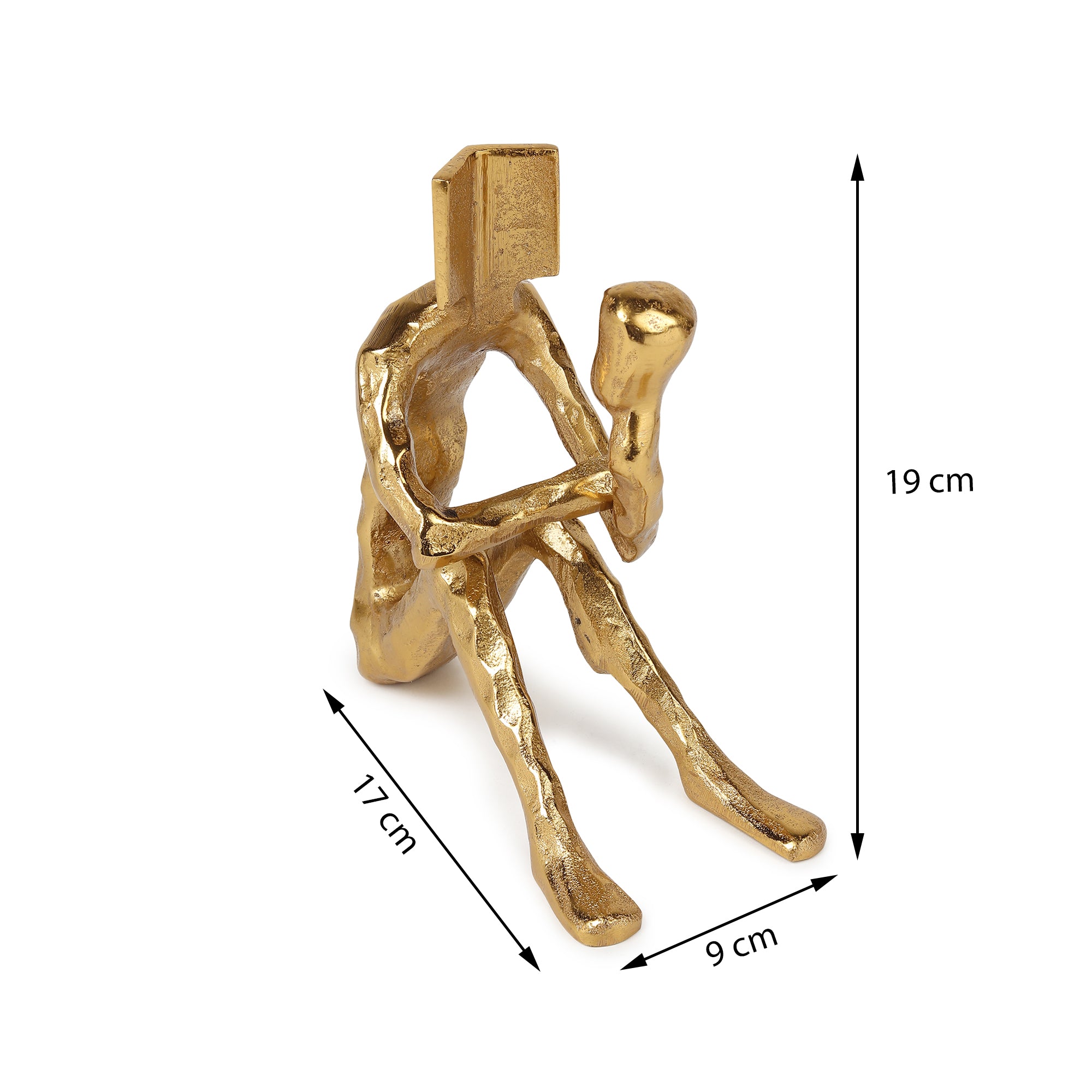 Pensive Reader Decorative Sculpture | Gold Aluminium Reading Figurine for Bookshelf & Home Décor
