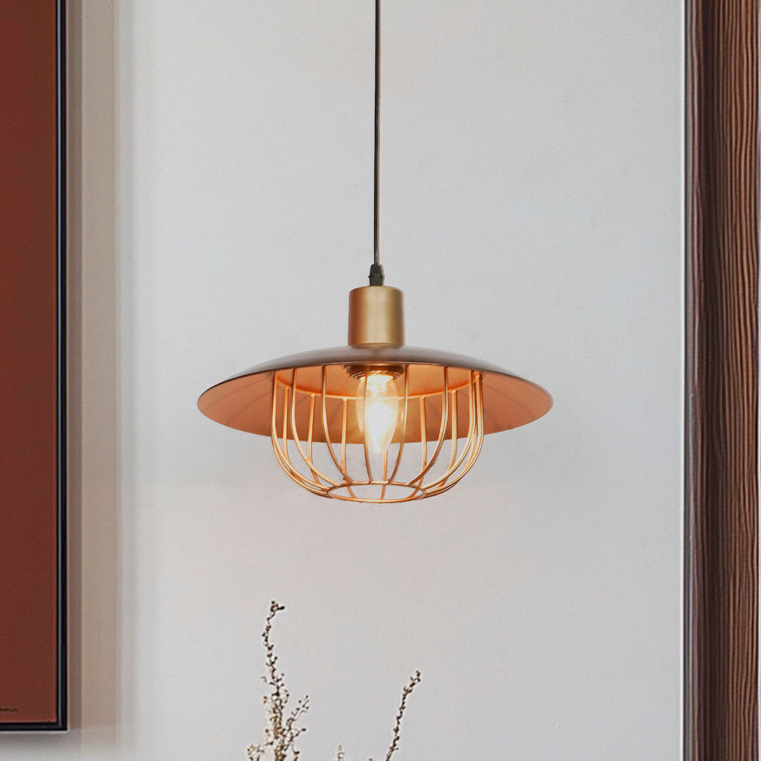 Industrial Brown & Gold Flat Top Cage
  Pendant Light
