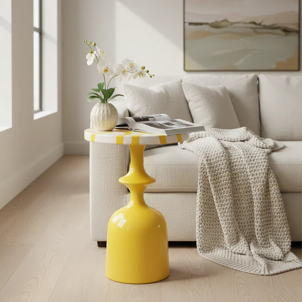 Citrine Curve Iron Side Table – Modern Yellow Pedestal Table