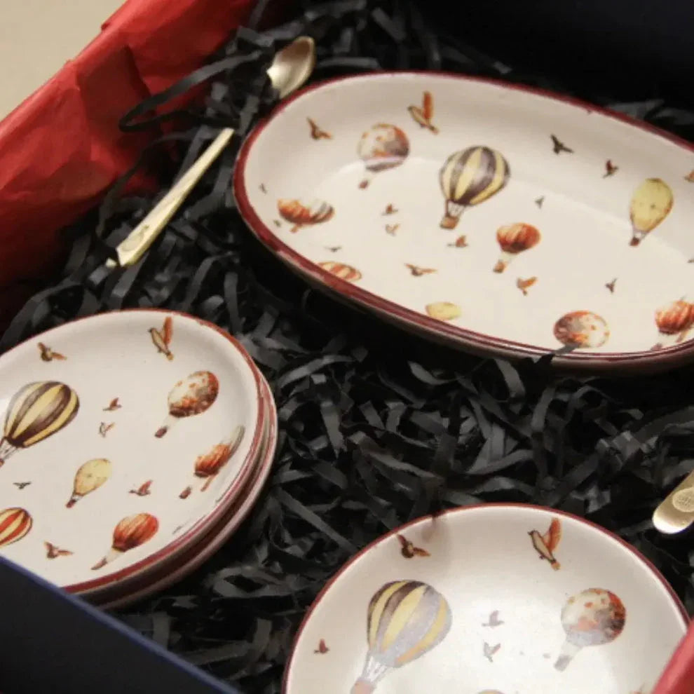 Luxury Stoneware Oval Serving Tray & Tea Plate Set with Pure Brass Spoons – Hot Air Balloon Print Snack & Dessert Plate Gift Set