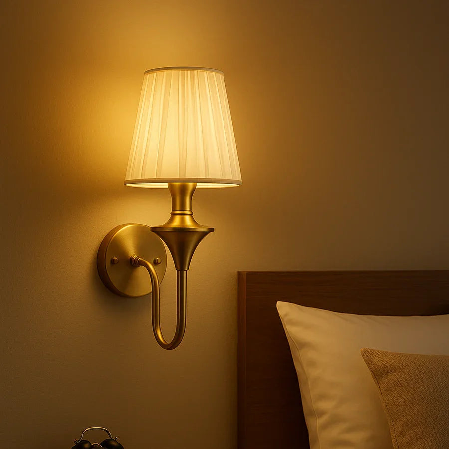 Golden Wall Mounted Lamp with Fabric Shade – Classic Brass Finish
