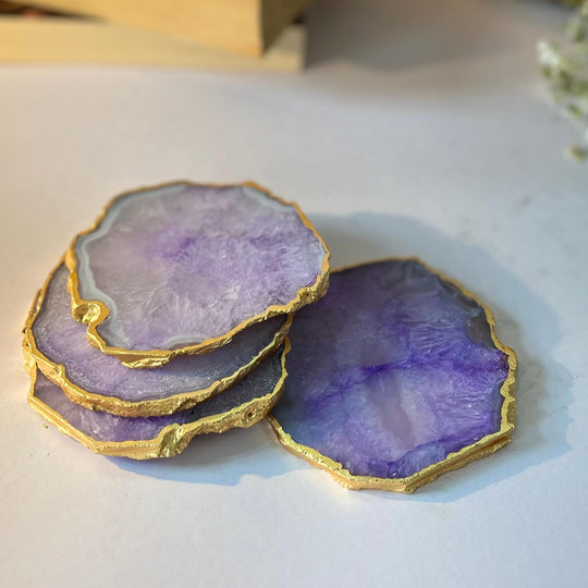 Crystal Agate Coaster with Gold Plating | Drink Coaster for Dining Table