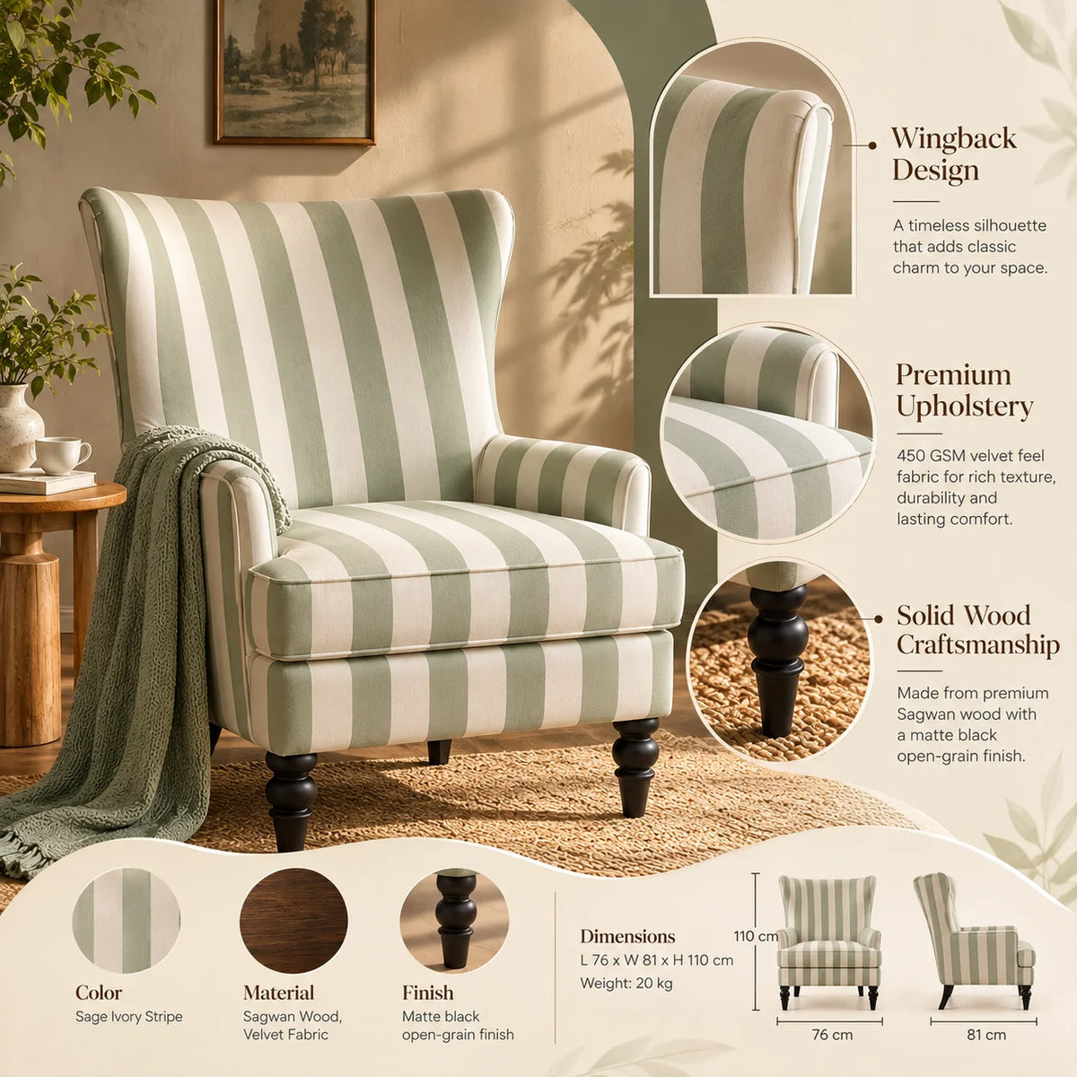 Sage Ivory Classic Stripe Accent Chair