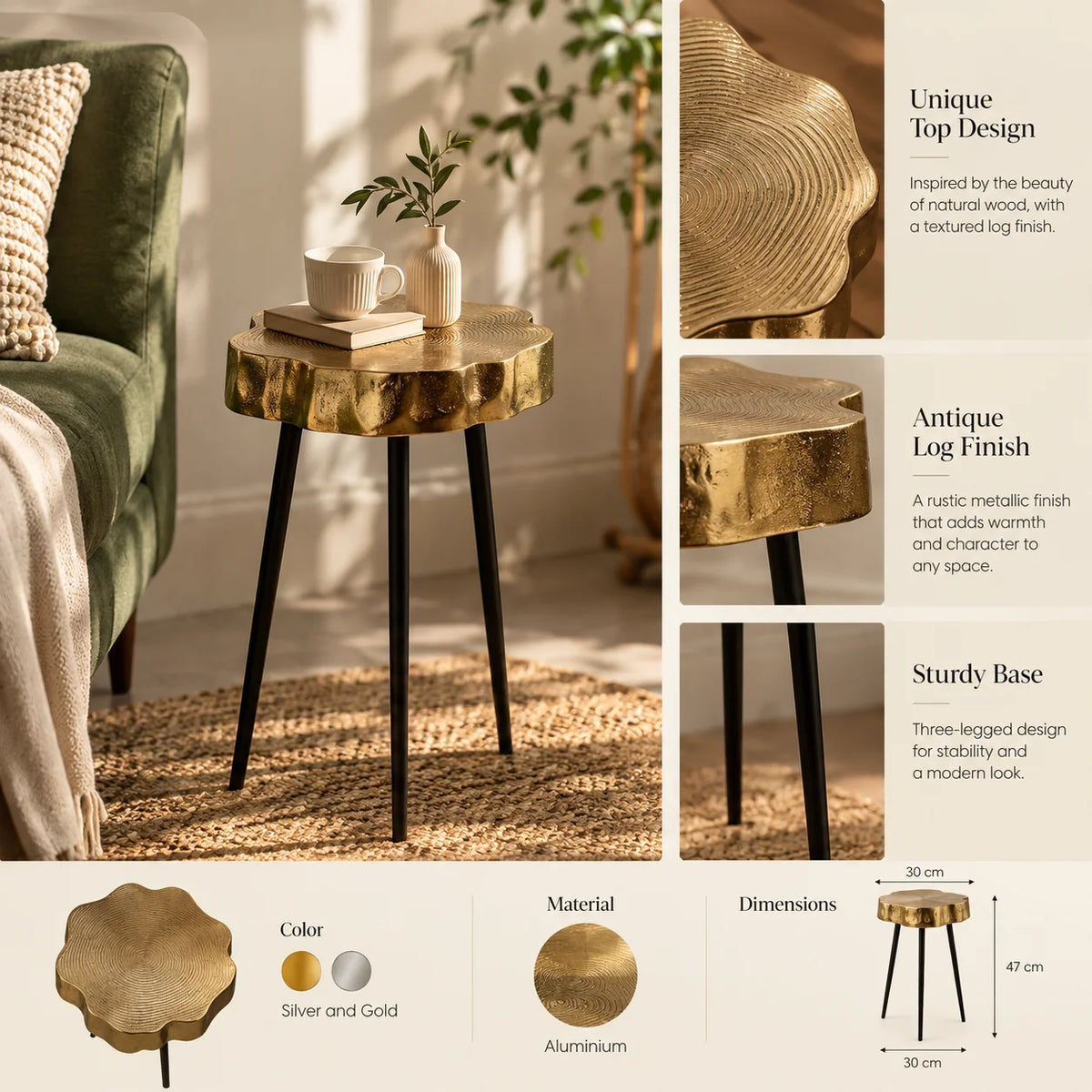 Sawed Log Side Table | Antique Corner Table for Living Room | Sofa Side Table