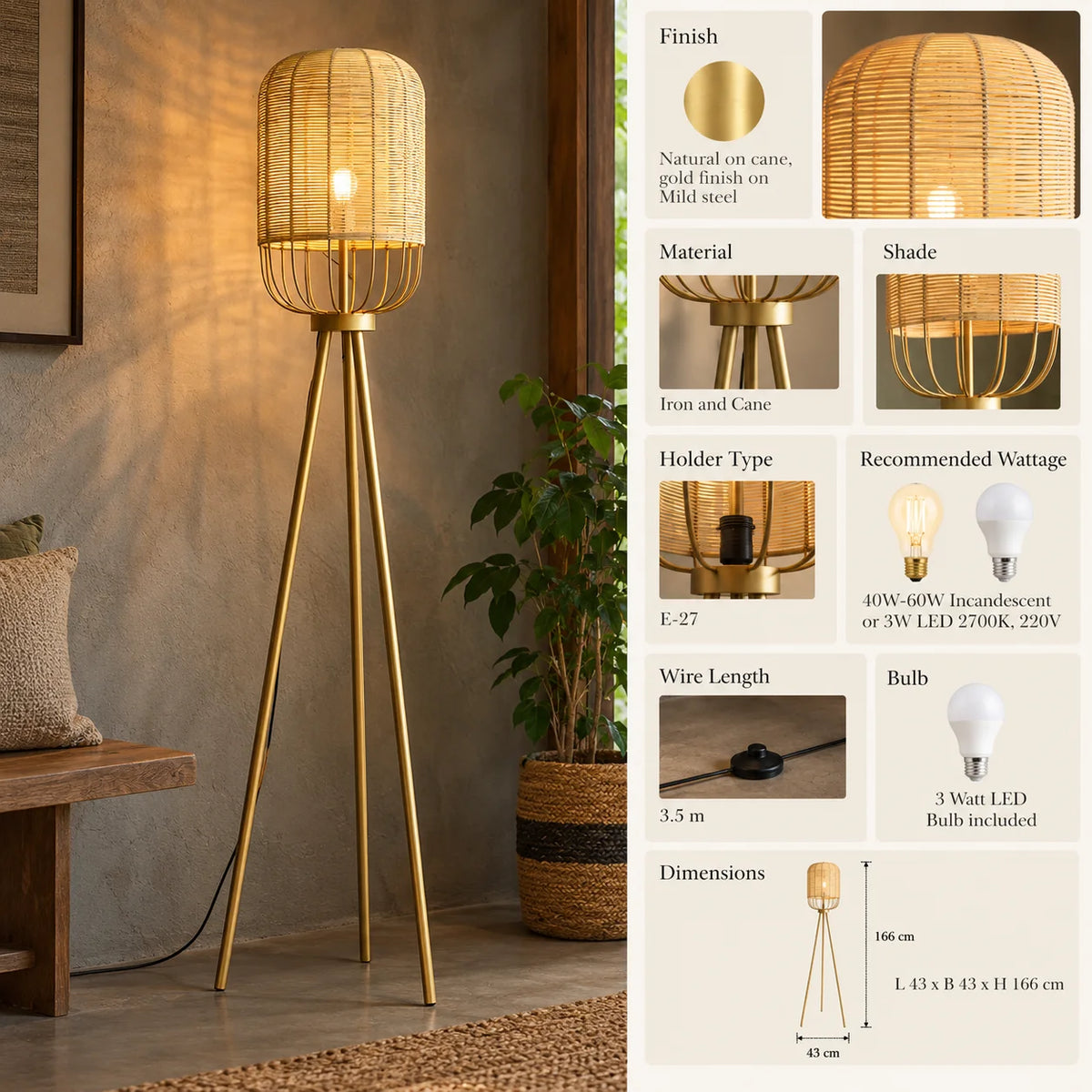 Natural Cane & Iron Finish Floor Lamp Light Standing On Tripod