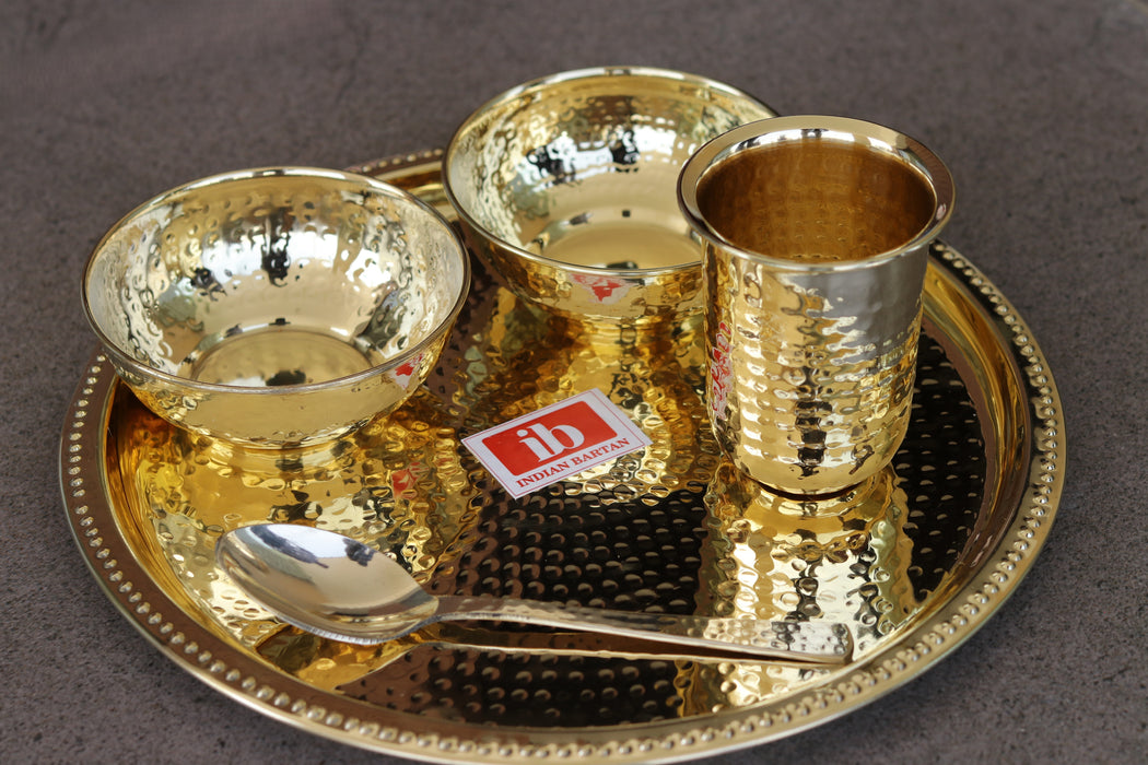 Brass Hammered Plate Set of 5 | Thali with Katori & Glass for Festival Gifts