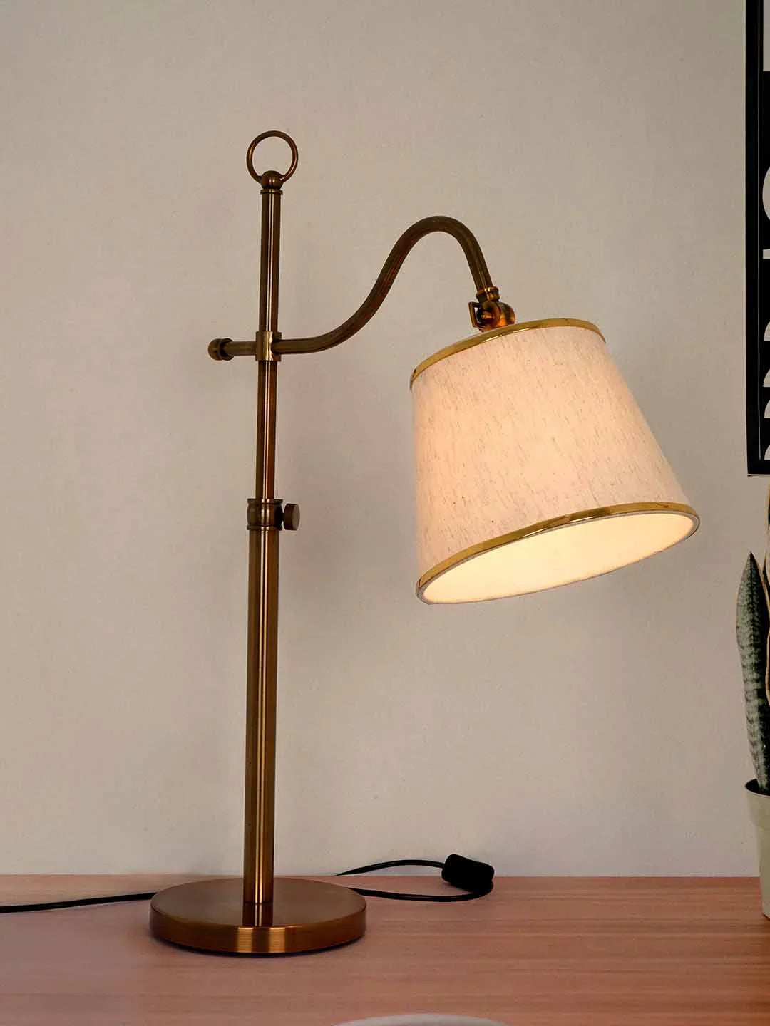 Gold Adjustable European 23 Inch Steel Downlight Study Lamp Table Light With White Textured Gold Rim Fabric Shade