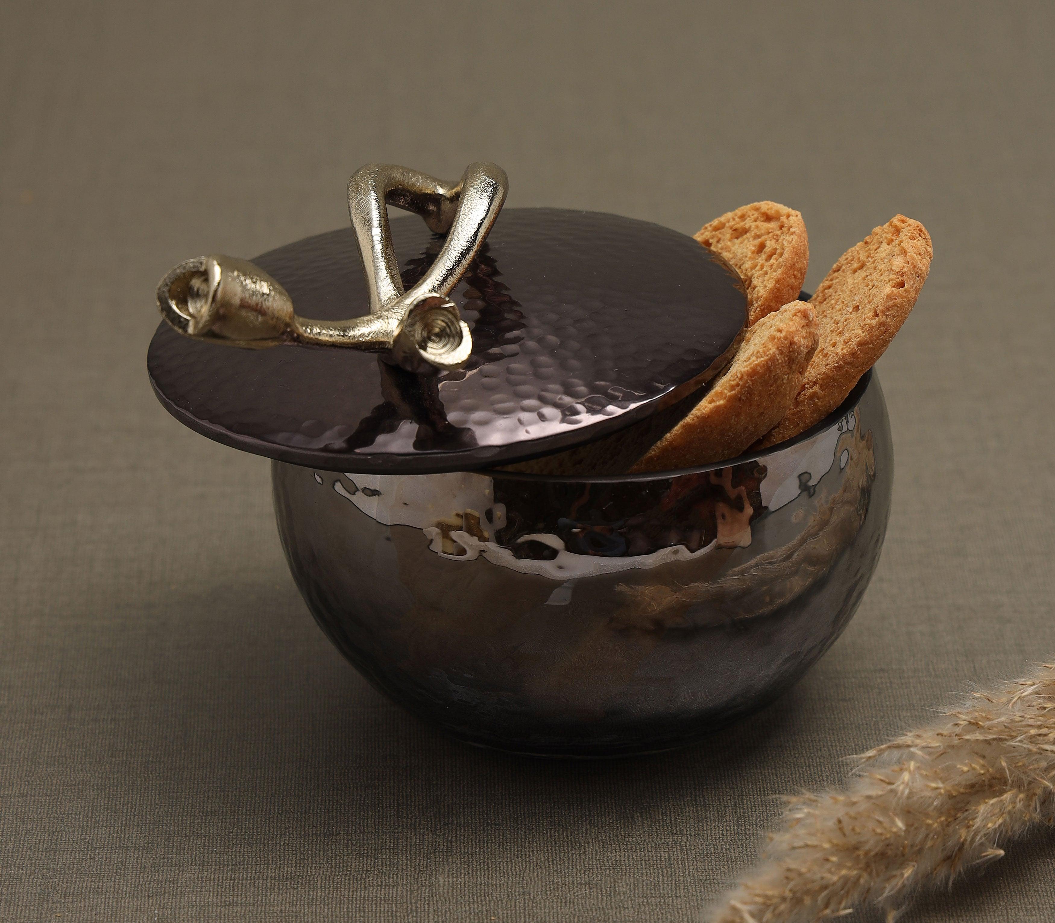 Tulip Jar | Gold Finished, Black Nickel Plated and Hammered  with Textured Black Luster Glass