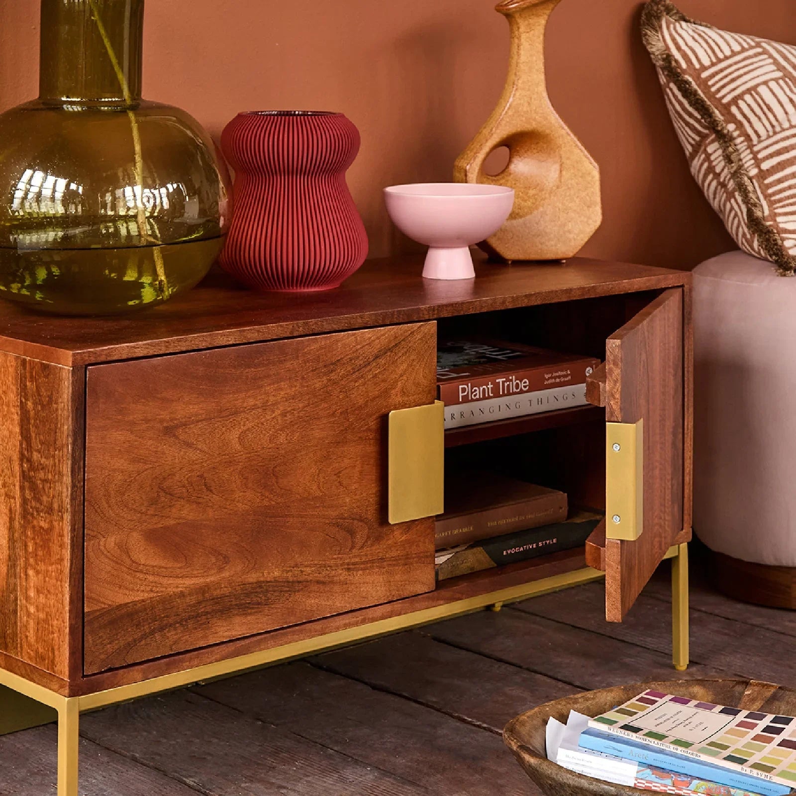 Designer TV Unit for Living Room | Mango Wood TV Console with Brass Handles | TV Cabinet with Storage