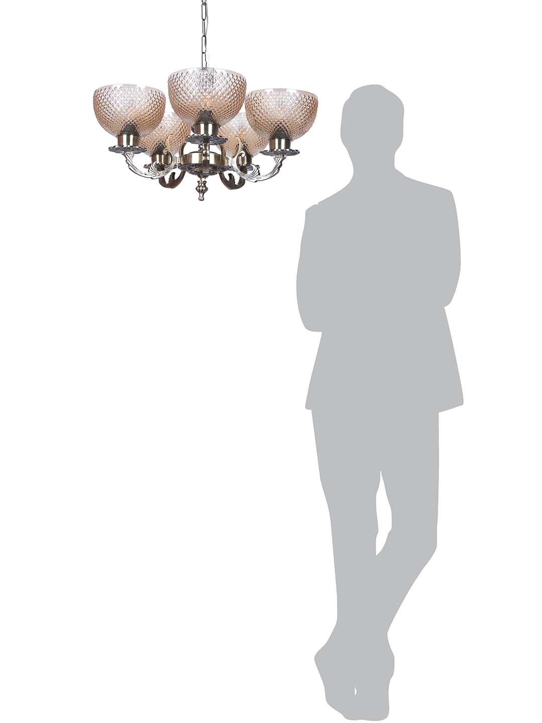 Classic Meena Aluminium 5 Lights Glass Chandelier in Antique Brass Finish