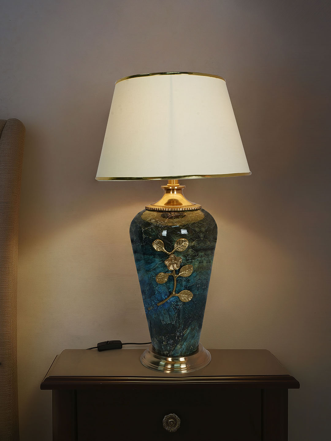 Green Marble Effect Table Lamp with Off-White Tapered Shade