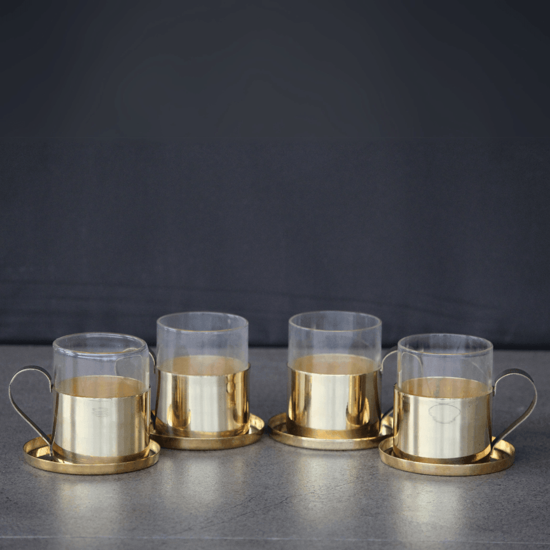 Borosil Fitted Brass Tea Cups | Traditional Mug Set For Home & Gifting