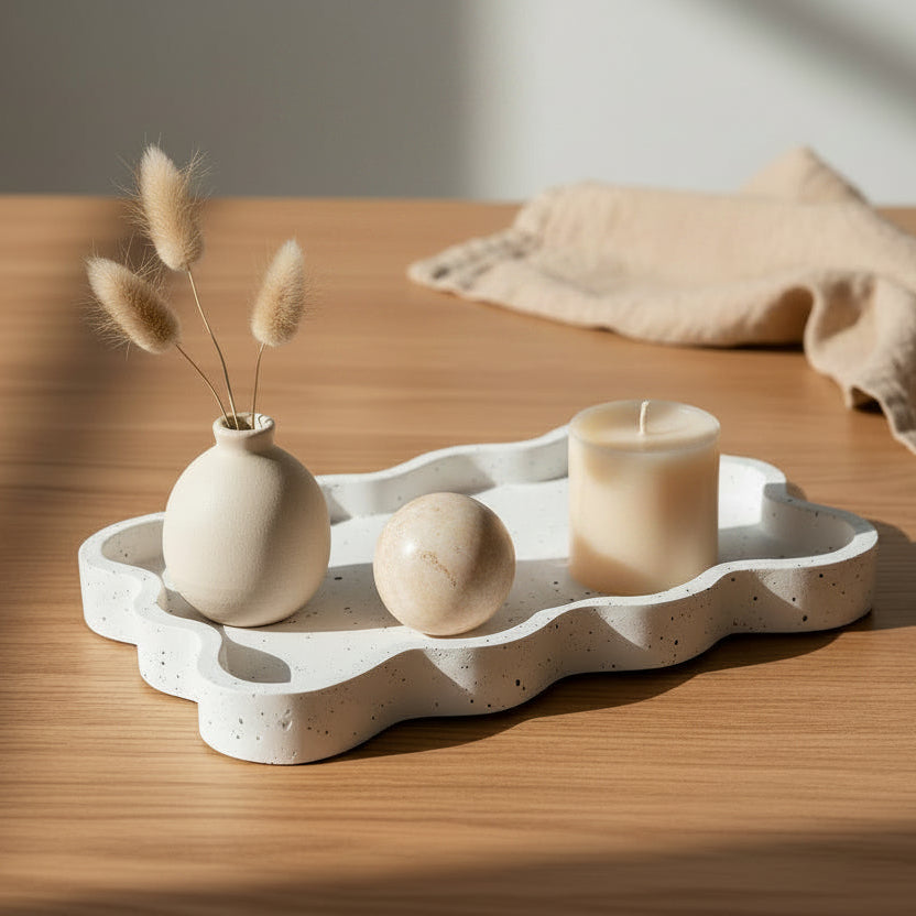Concrete Scalloped Tray | Decorative White Organizer Tray for Home Décor & Serving