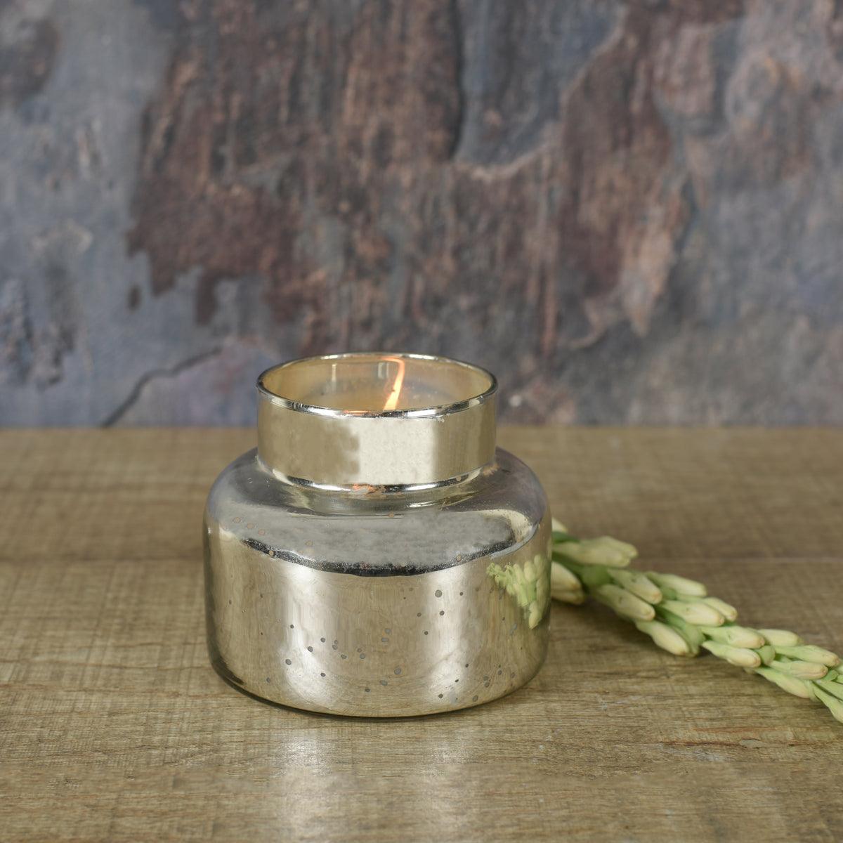 Roshni Mercury Glass Jar filled with Flavoured Candle And Wooden Lid 4.5 inches Tall