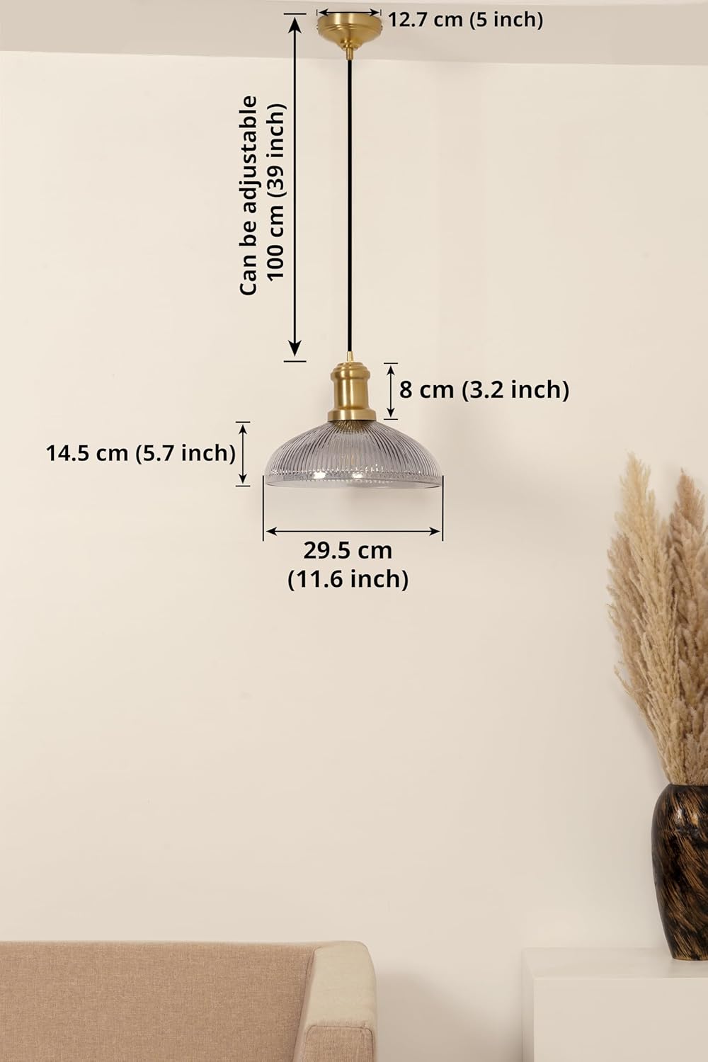 Ribbed Grey Luster Glass Pendant Light with Antique Brass Finish for Living Room, Bedroom, Kitchen and Dining