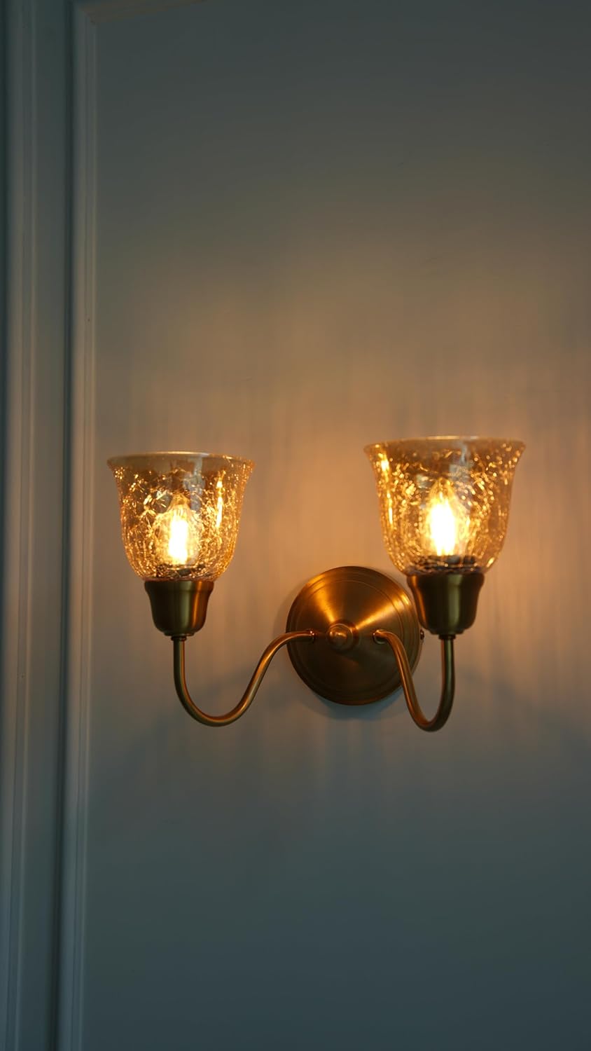 Double Curve Wall Lamp Antique Brass Finish with Cup Crackled Glass Shade for Living Room, Bedroom and Home Decoration