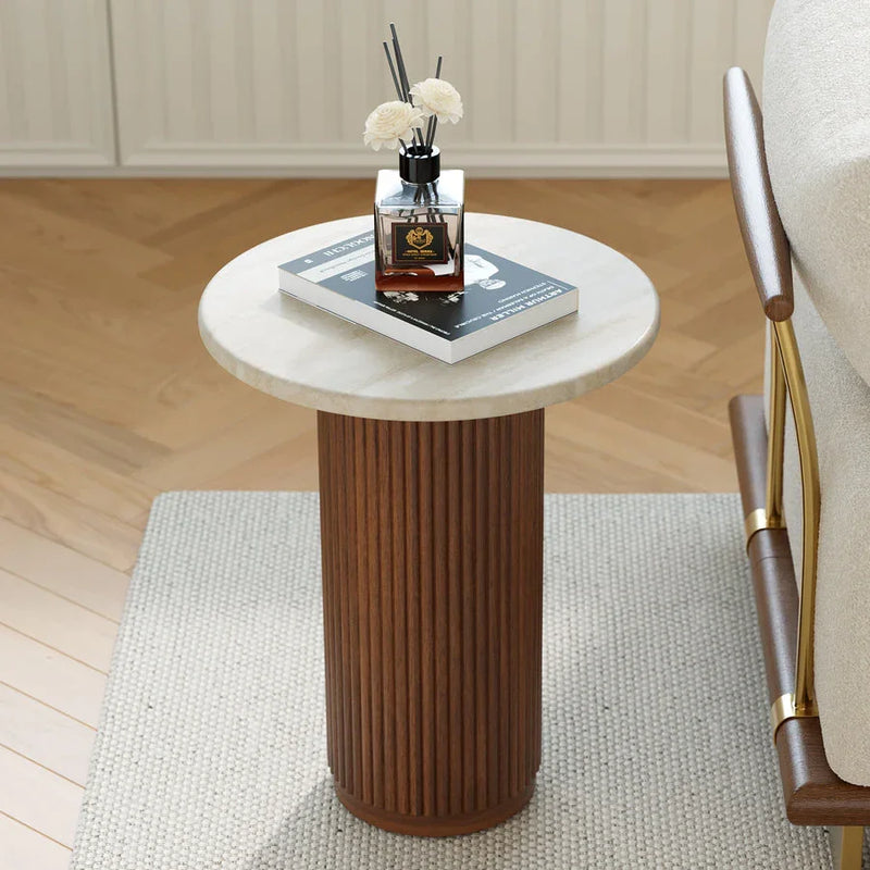 Lina Wood & Faux Marble Sofa Side Table | Modern Round Accent Table for Living Room | End Table