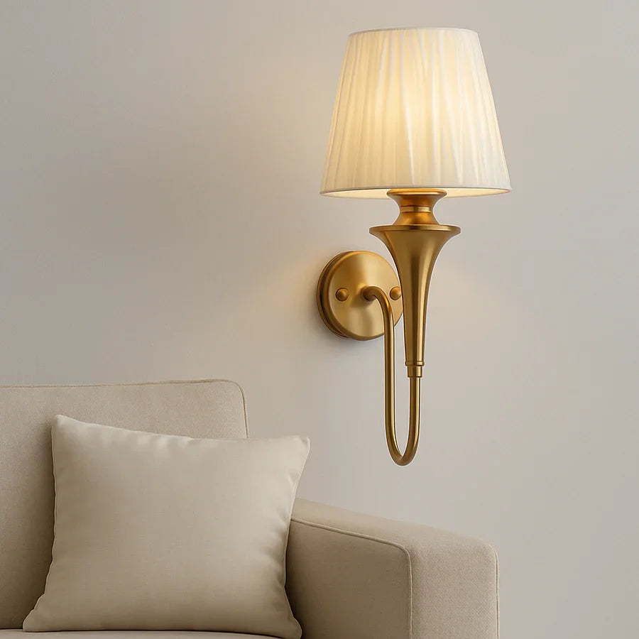 Golden Wall Mounted Lamp with Fabric Shade – Classic Brass Finish